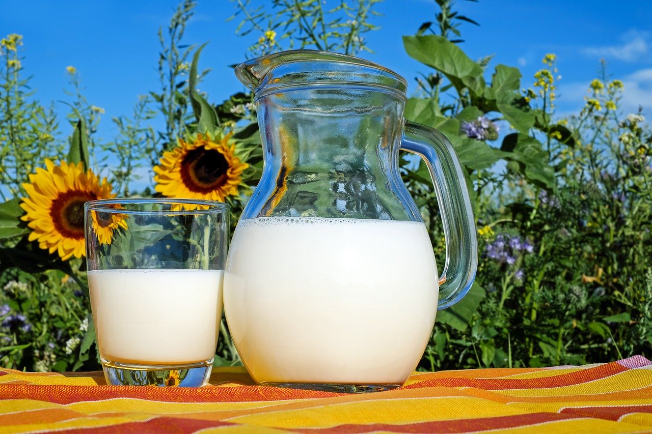 milk, glass flowers