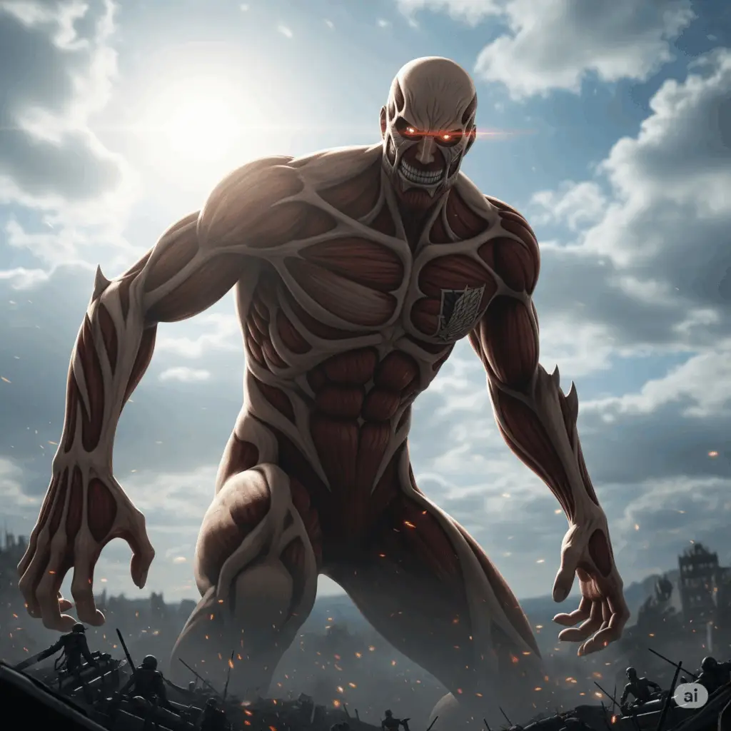 The image high-detail depiction of the Colossal Titan against a ravaged battlefield. The titan's massive, muscular form dominates the scene, with a ferocious expression accentuated by sharp teeth and piercing eyes. Its rough skin, exposed muscle, and colossal hands contribute to its imposing silhouette.