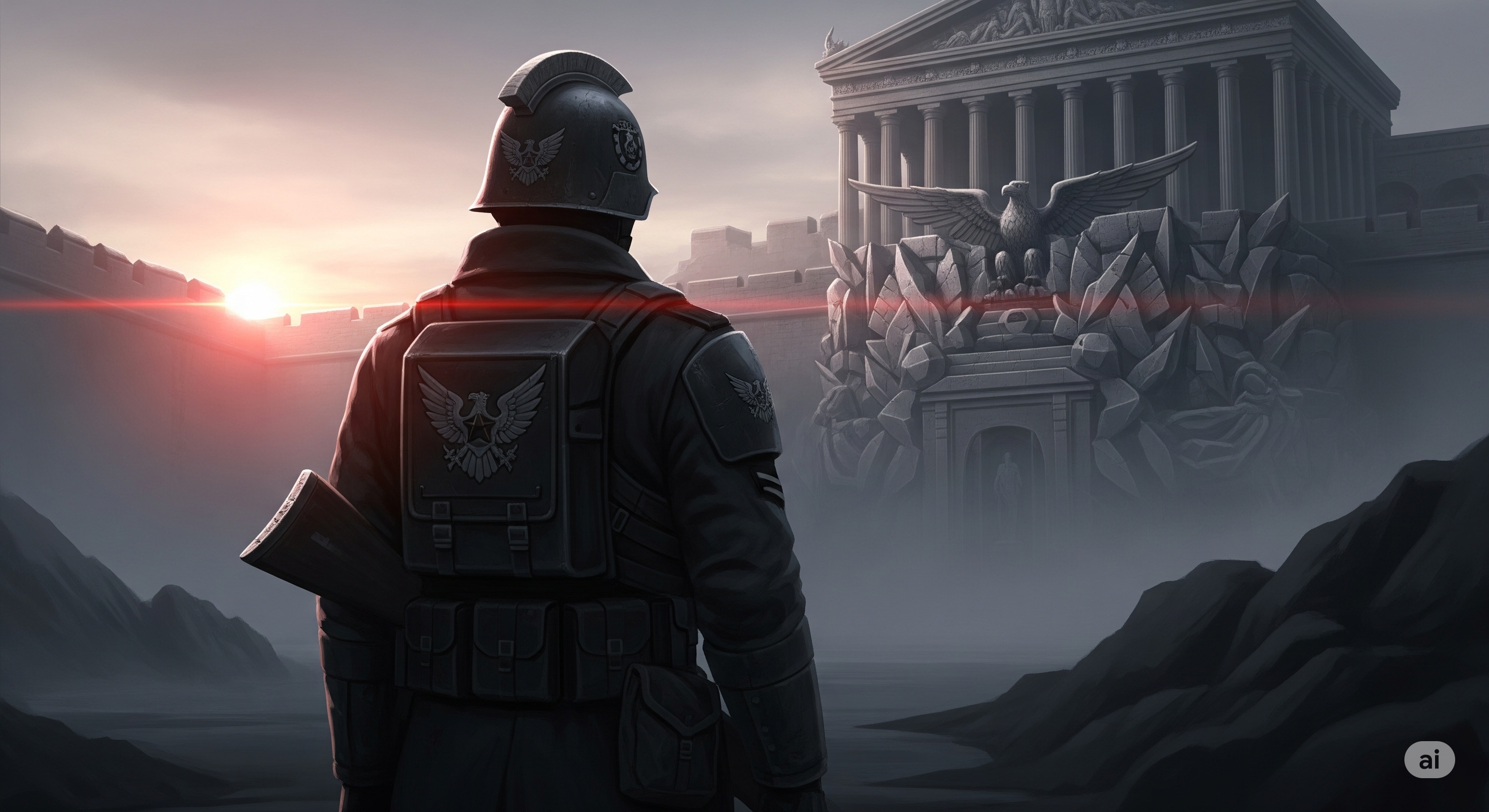 A German nationalist standing in the presence of neoclassical building.