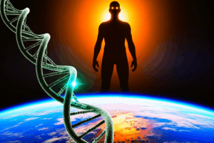 A digital illustration depicting a DNA double helix in the foreground, with a silhouetted human figure standing on Earth in the background, set against a backdrop of space.