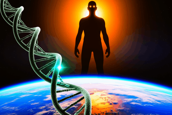 A digital illustration depicting a DNA double helix in the foreground, with a silhouetted human figure standing on Earth in the background, set against a backdrop of space.