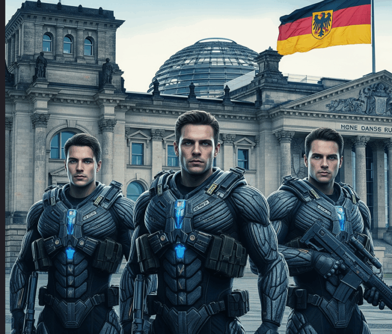 Three young German men in front of the Bundestag. Attired in Nano suits.