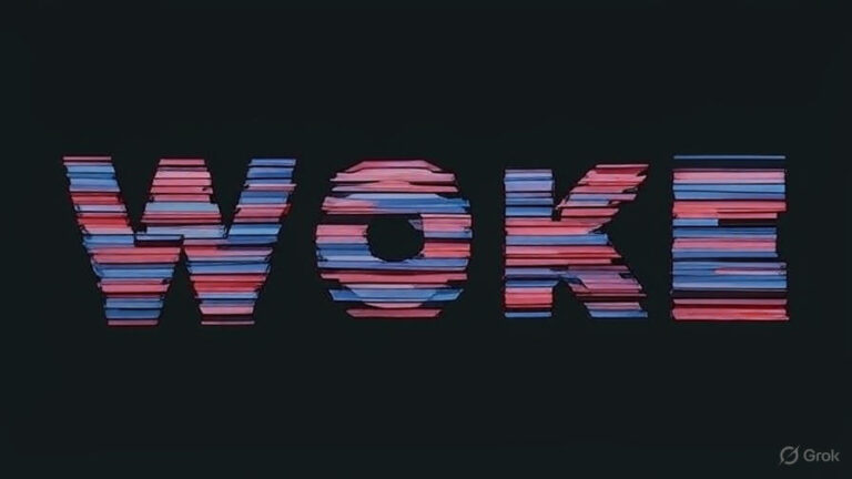 The word "woke", consisting of W, O, K, E. Set in black background.