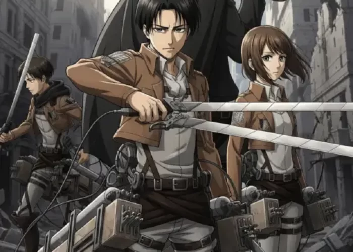 This is an illustration of a moment in Attack on Titan anime, featuring Levi, Erwin, and another scout